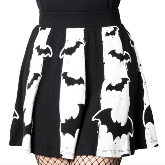 Bat Black & White Striped Fit Flare Skater Mini Skirt S-M-L-XL-2XL-3XL NWT